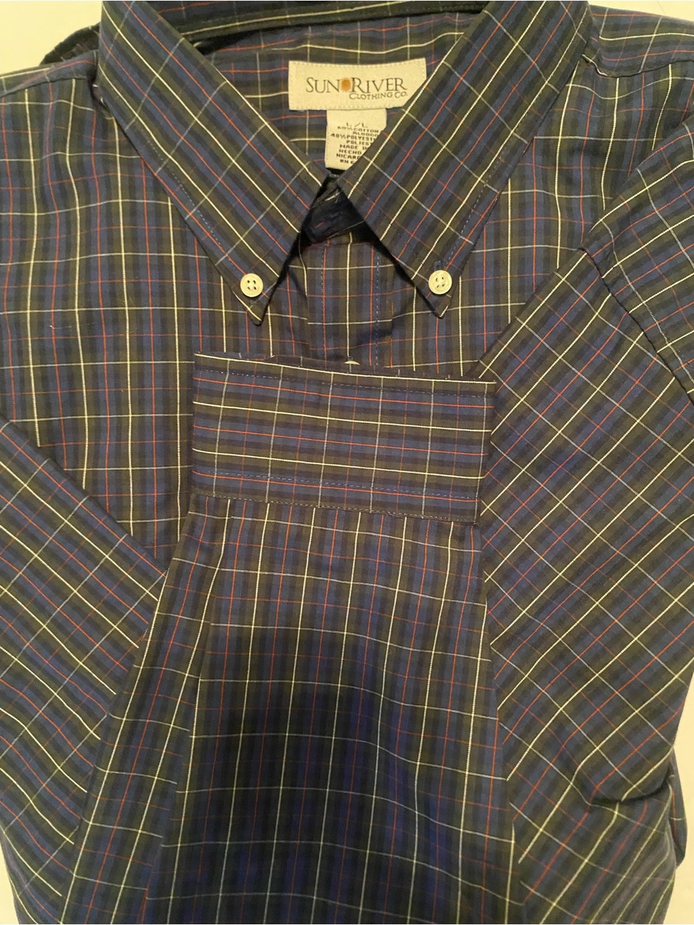 Sun River Men’s Navy Plaid Button-Down Shirt vintage